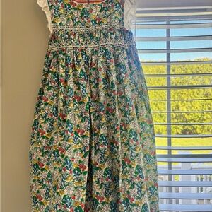 Mini Boden Green Floral Smocked Cotton Dress with Lace Trim